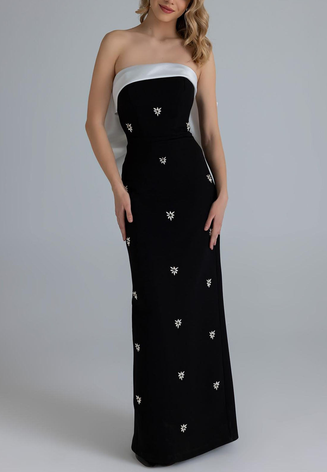 Bowknot Rhinestone Strapless Floor-Length Column Low Back Evening Gown