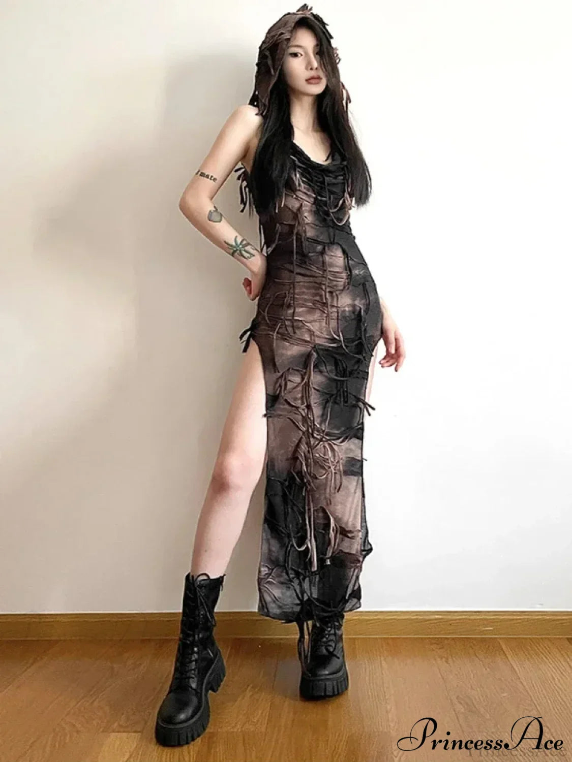 Tassel Vintage Gothic Hooded Midi Dress Fairy Grunge Y2K Sexy High Split Sleeveless Tie Dye Dress