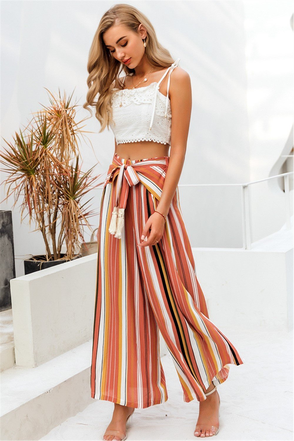 Tassle Split Striped Wide Leg Pants