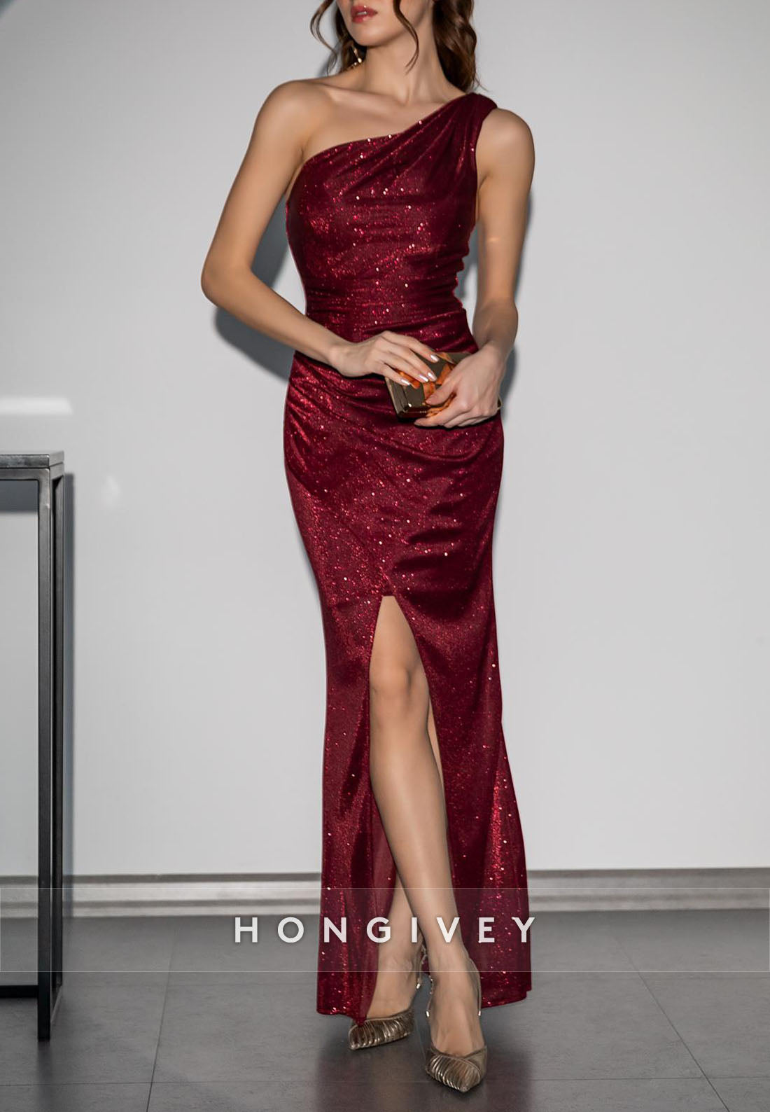 Ankle-Length Formal Dresses One Shoulder Column Glitter Pleated Evening Gown