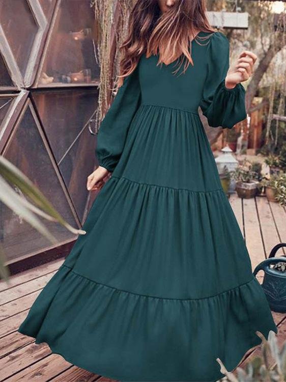 Scoop Neck Puff Sleeve Tiered Empire Maxi Dress