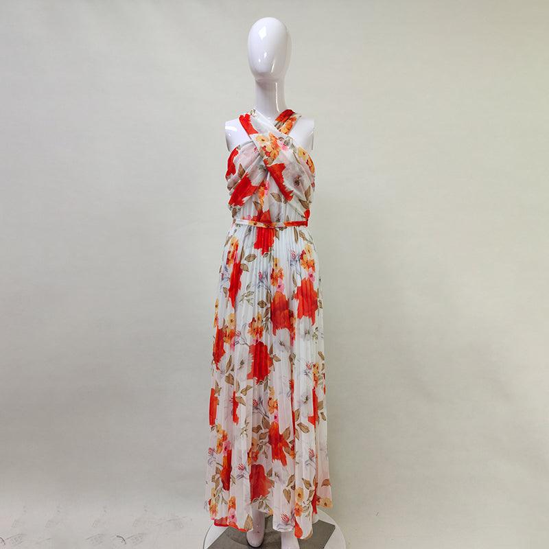 Floral Print Halter Neck Pleated Maxi Dress