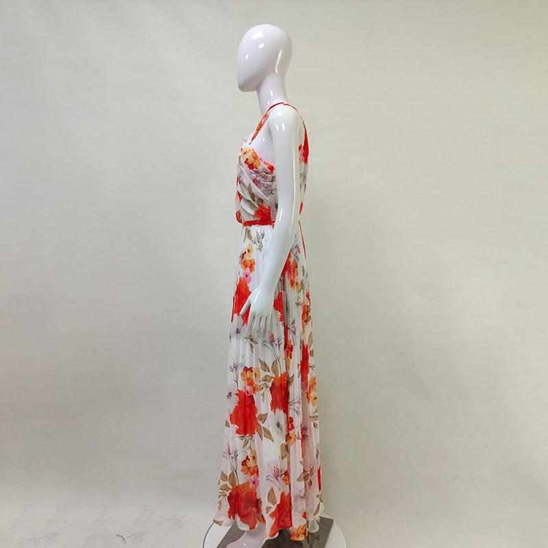 Floral Print Halter Neck Pleated Maxi Dress