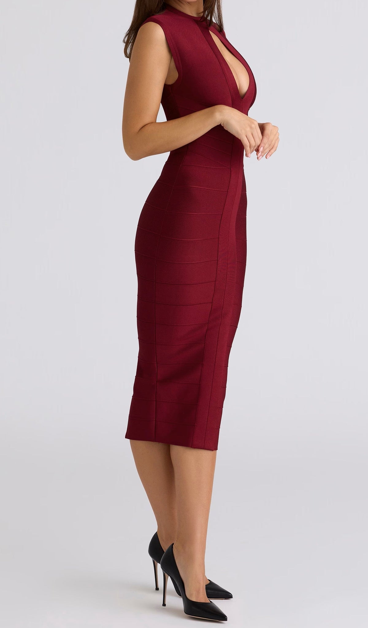 Bandage Mock Neck Deep V Keyhole Cut Out Sleeveless Bodycon Midi Dress - View 3