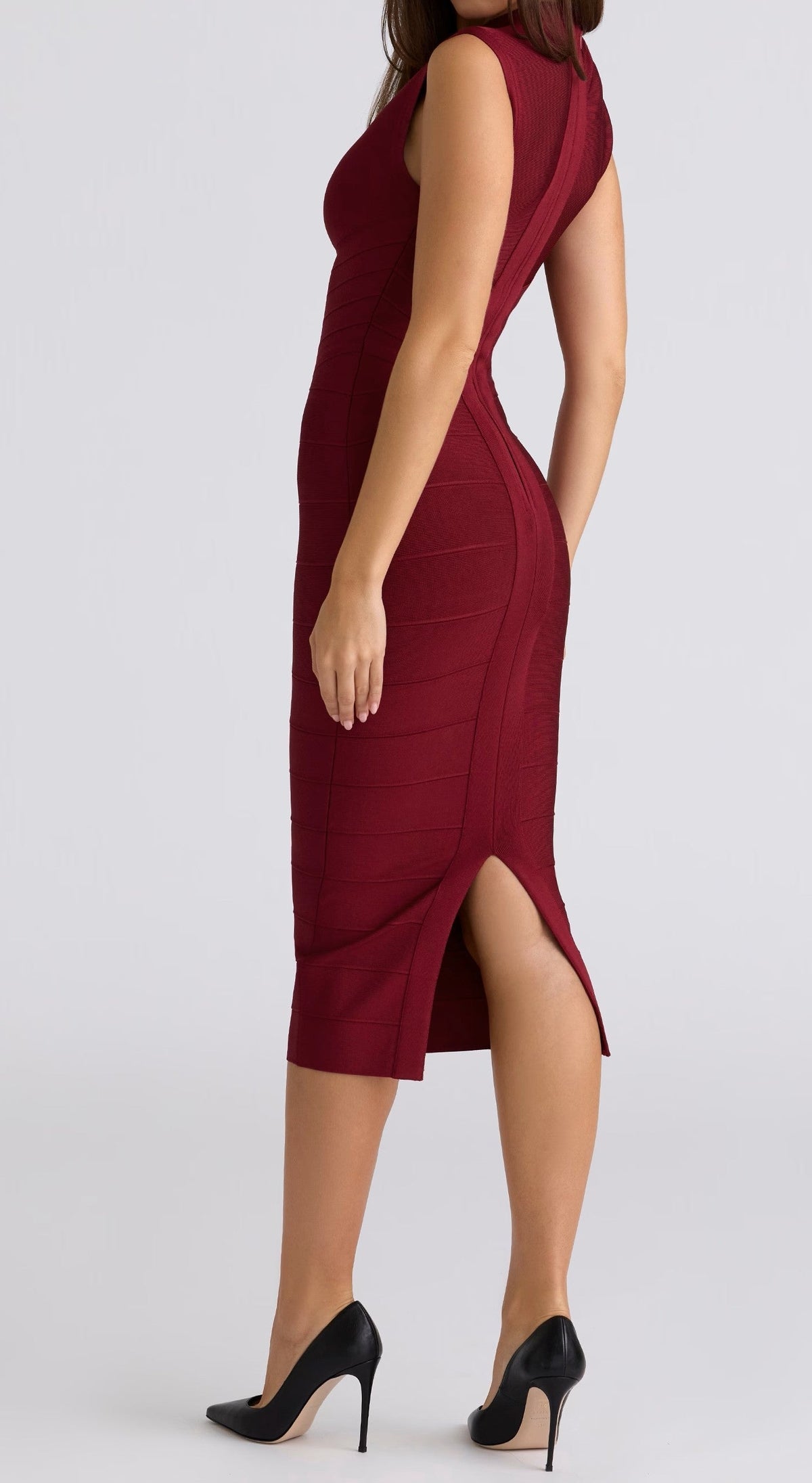 Bandage Mock Neck Deep V Keyhole Cut Out Sleeveless Bodycon Midi Dress - View 4