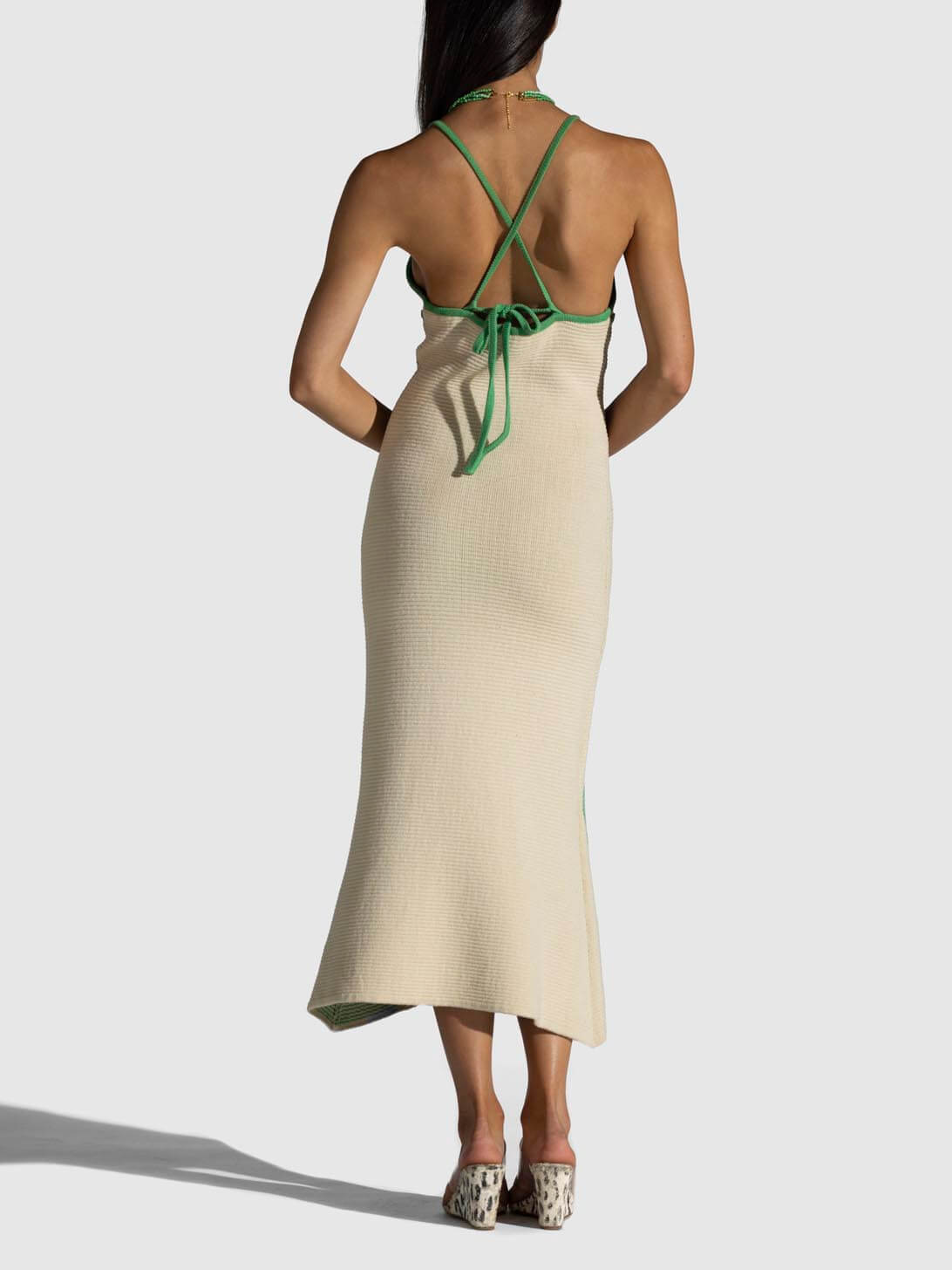 Printed V-Neck Sleeveless Rib Knit Midi Dress
