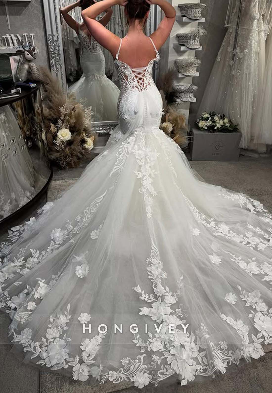 Chapel Train Regular Straps Sleeveless V Neck Lace Crisscross Back Mermaid Wedding Dresses