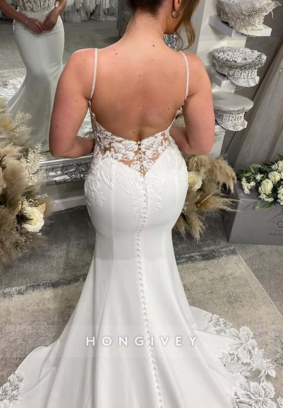 Regular Straps Sleeveless Lace Chapel Train Trumpet V Neck Low Back Wedding Dresses