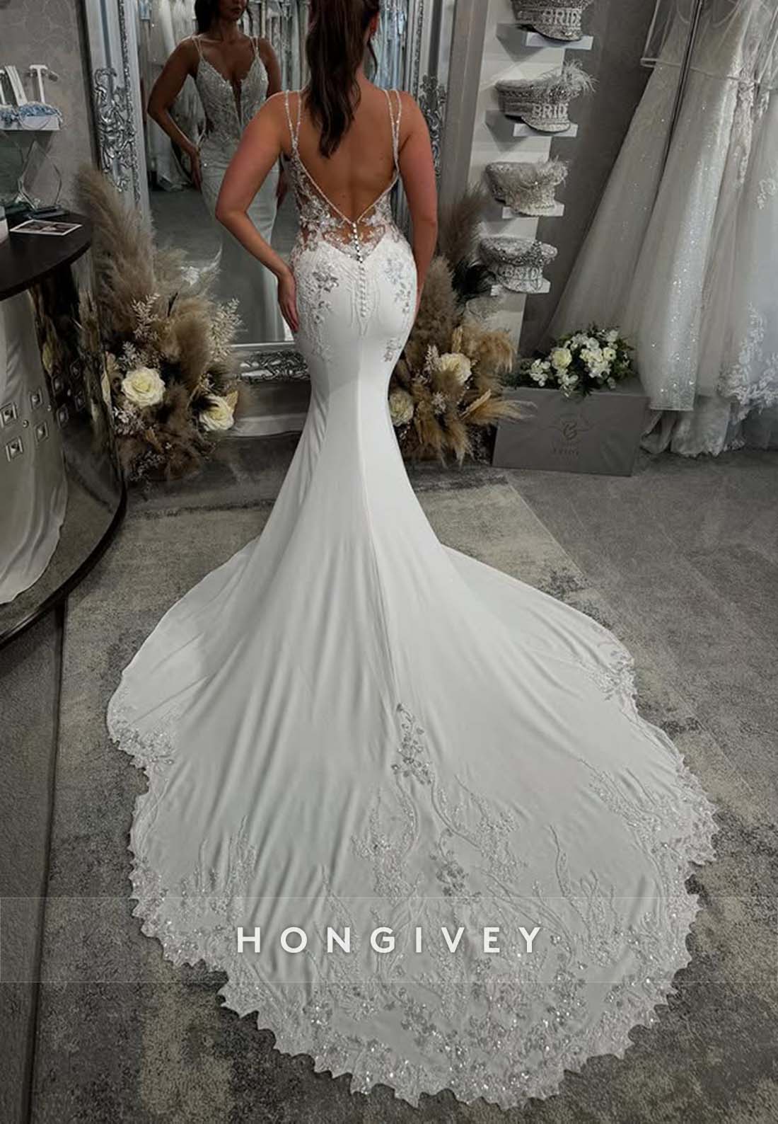 V Back Sleeveless Regular Straps V Neck Chapel Train Mermaid Wedding Dresses