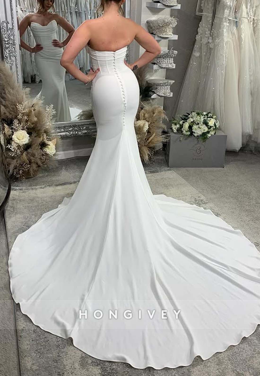 Strapless Satin Pleated Sweetheart Trumpet Chapel Train Wedding Dresses