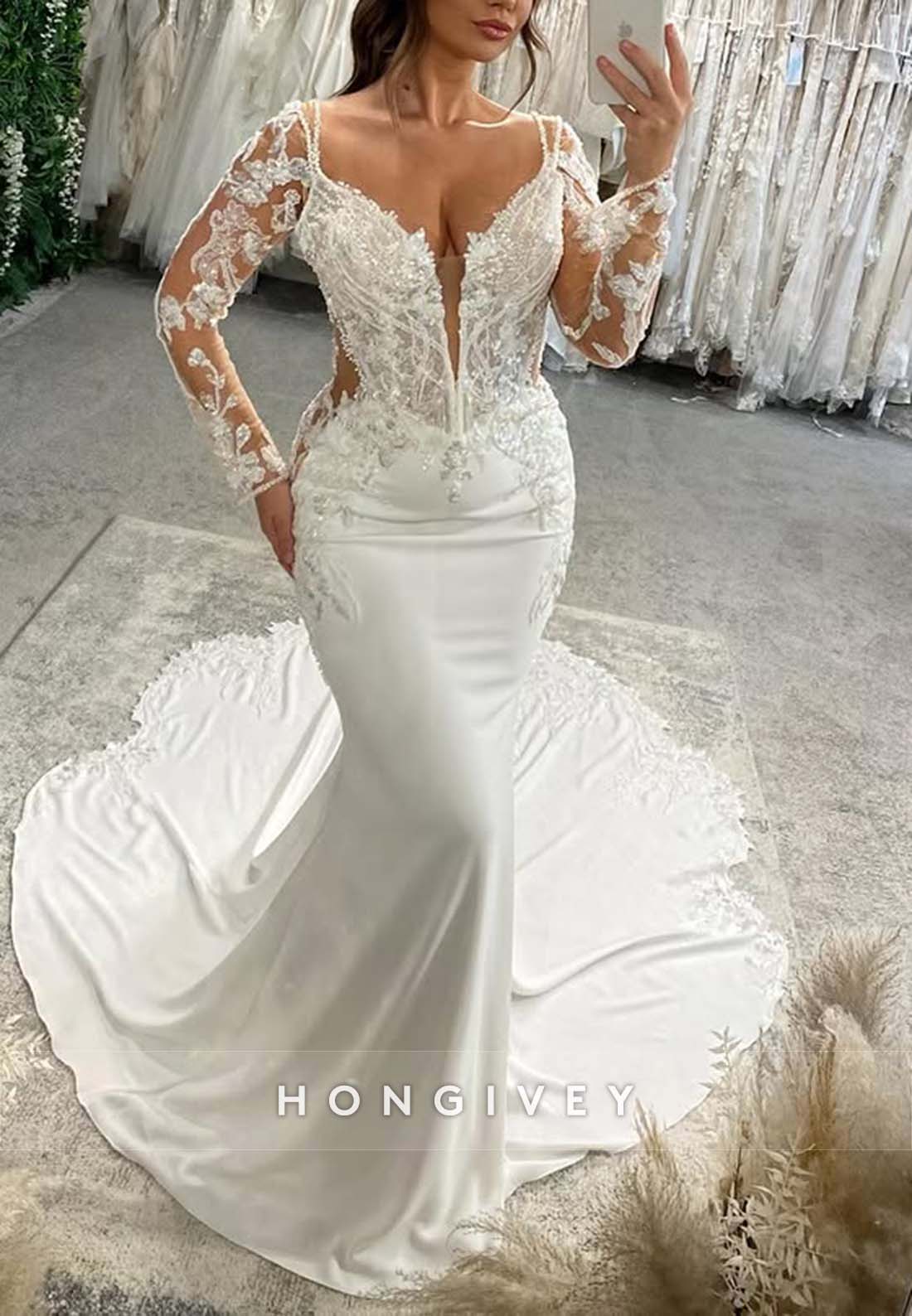 Long Sleeve Lace Pleated V Back Chapel Train V Neck Boho Mermaid Wedding Dresses