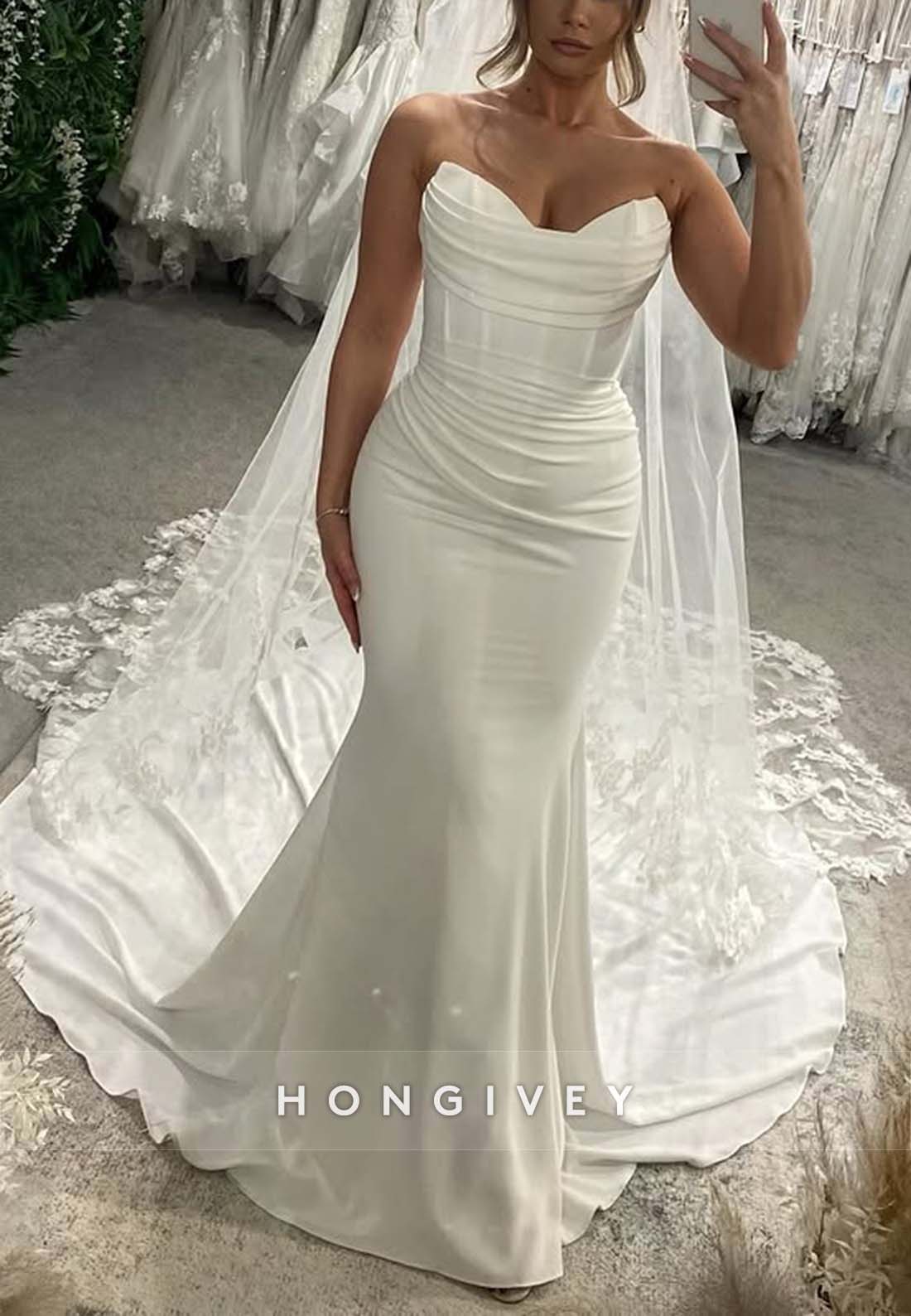 Strapless Satin Pleated Sweetheart Trumpet Chapel Train Wedding Dresses