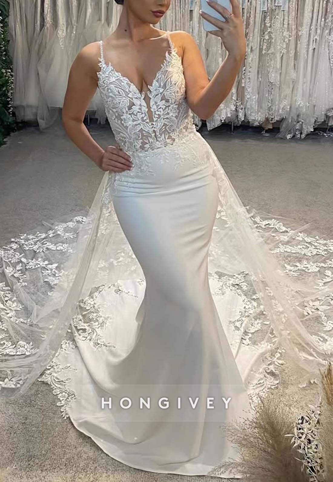 Backless Lace V Neck Pleated Regular Straps Sleeveless Court Train Boho Mermaid Wedding Dresses