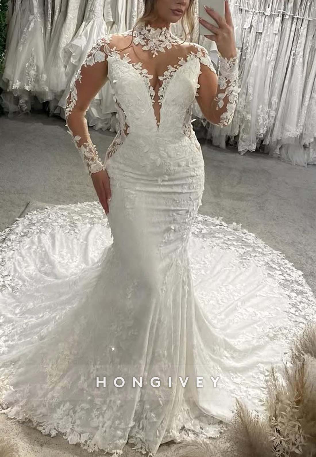 High Neck Lace Illusion Neck Pleated Long Sleeve Boho Mermaid Wedding Dresses