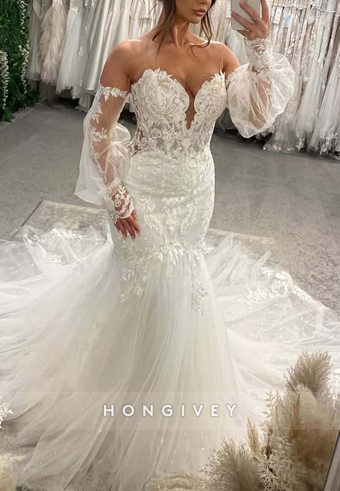 Off the Shoulder Long Sleeve Lace Pleated Chapel Train Low Back Boho Trumpet Wedding Dresses