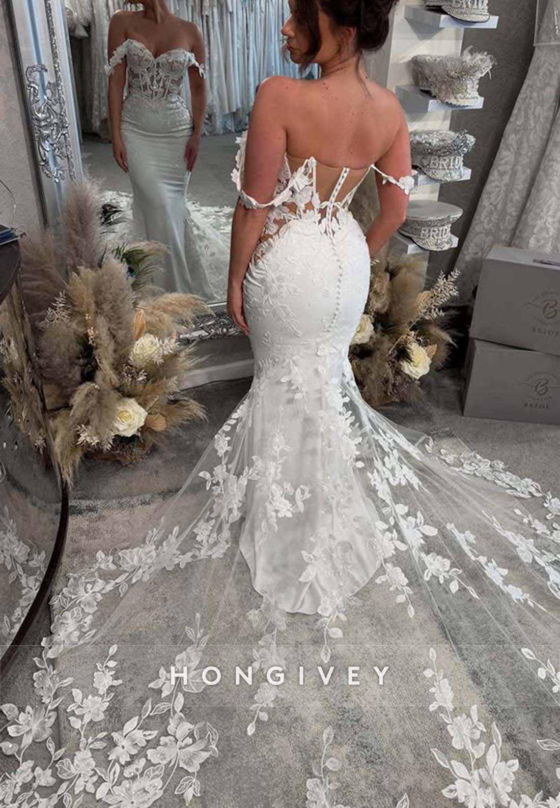 Off the Shoulder Lace Pleated Chapel Train Mermaid Boho Wedding Dresses
