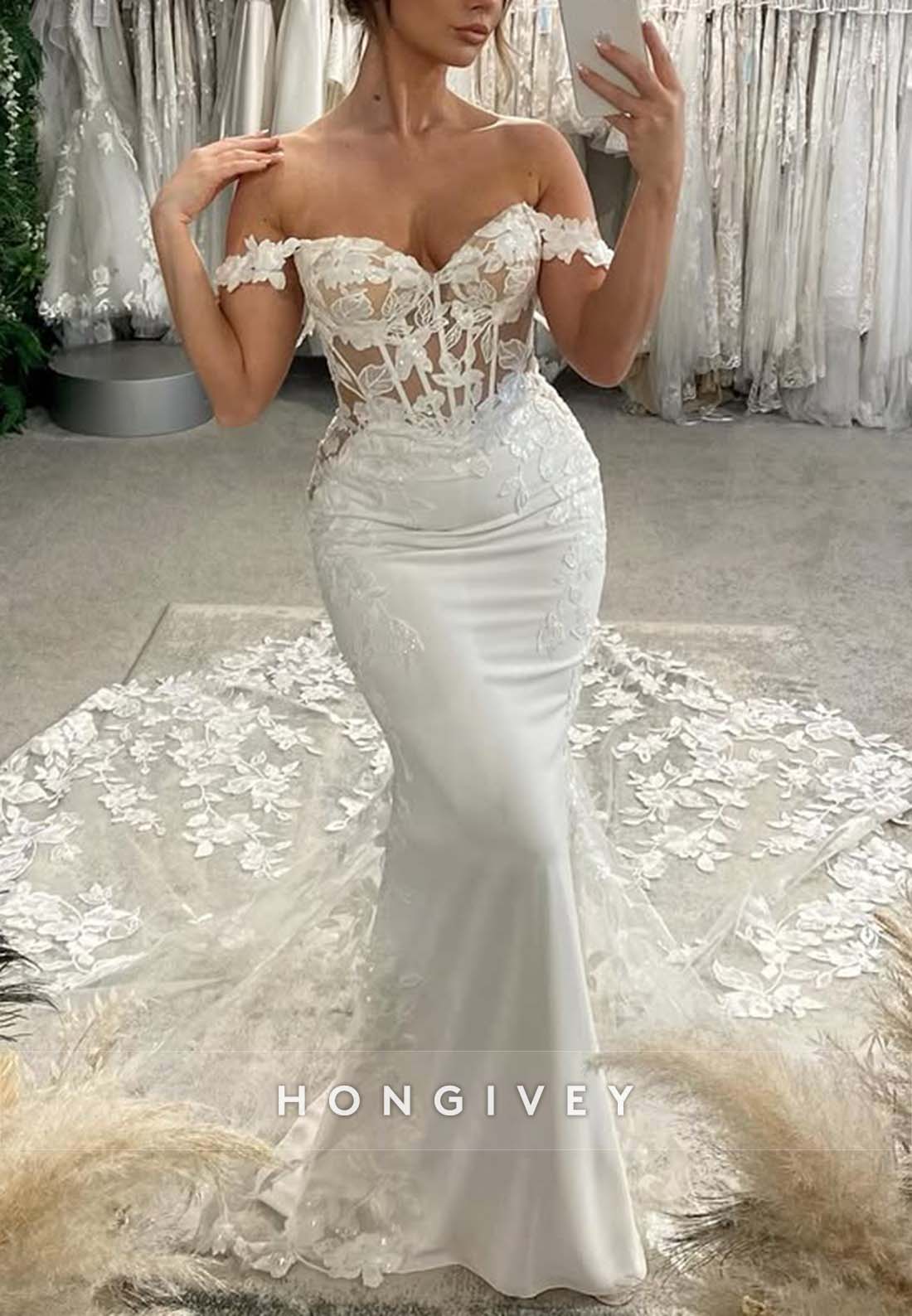 Off the Shoulder Pleated Trumpet Lace Chapel Train Low Back Wedding Dresses