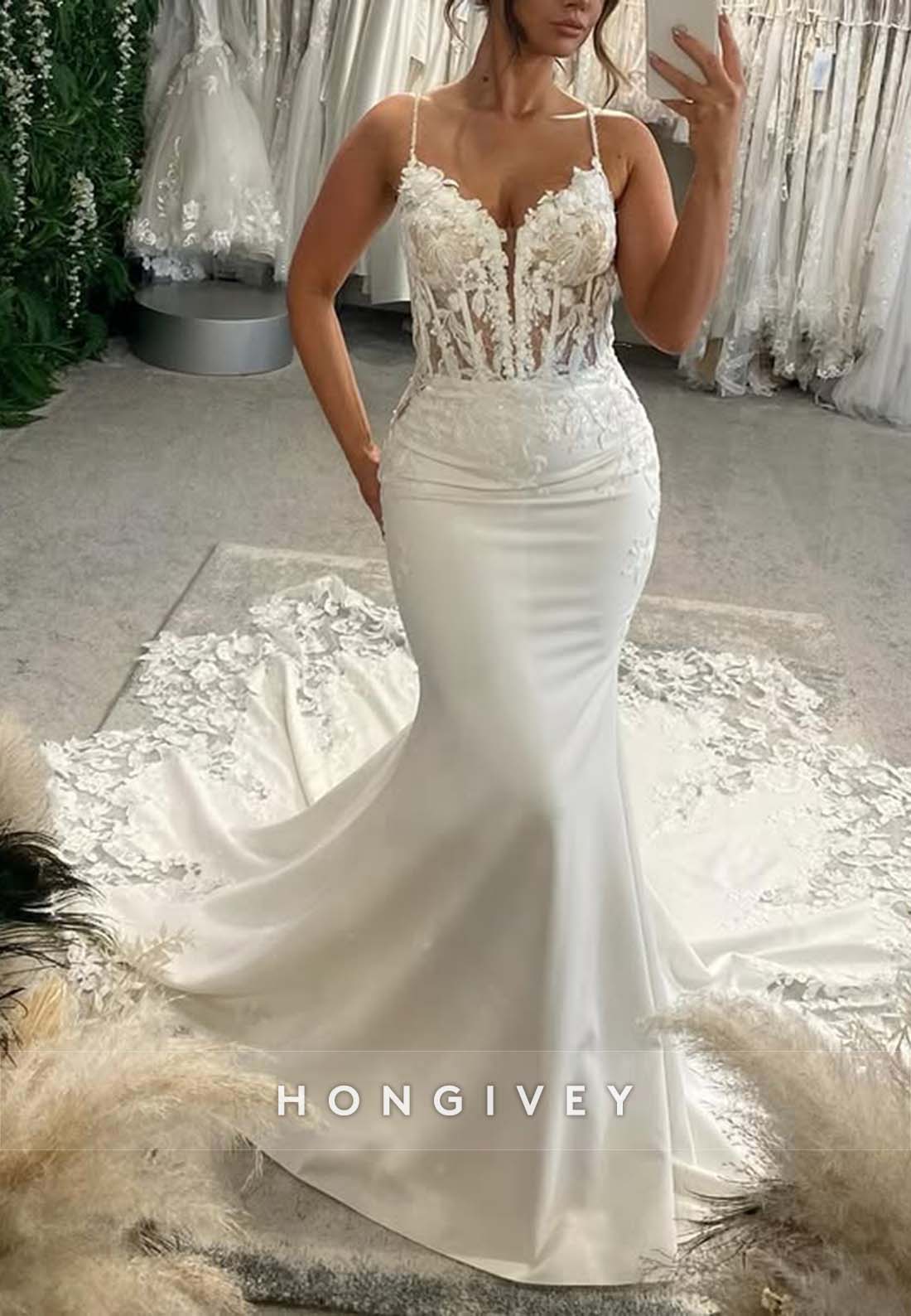Pleated Trumpet Princess Lace Spaghetti Straps Chapel Train Wedding Dresses