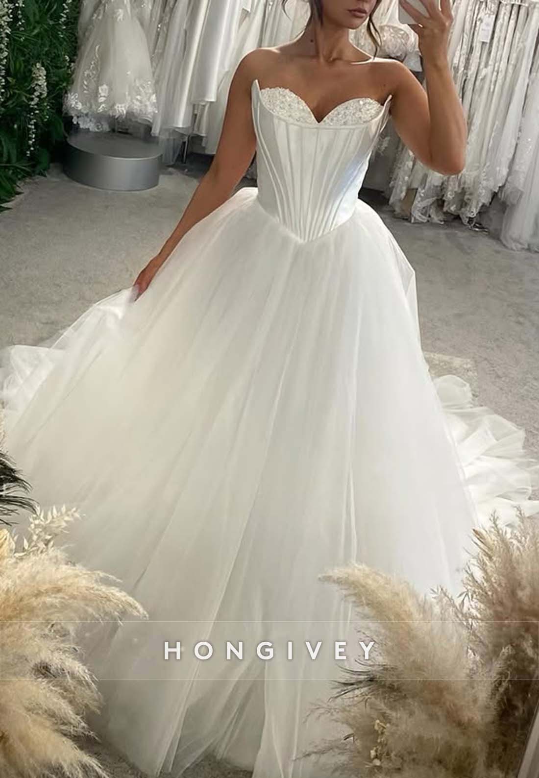 Pleated Beading Strapless Court Train Princess Wedding Dresses