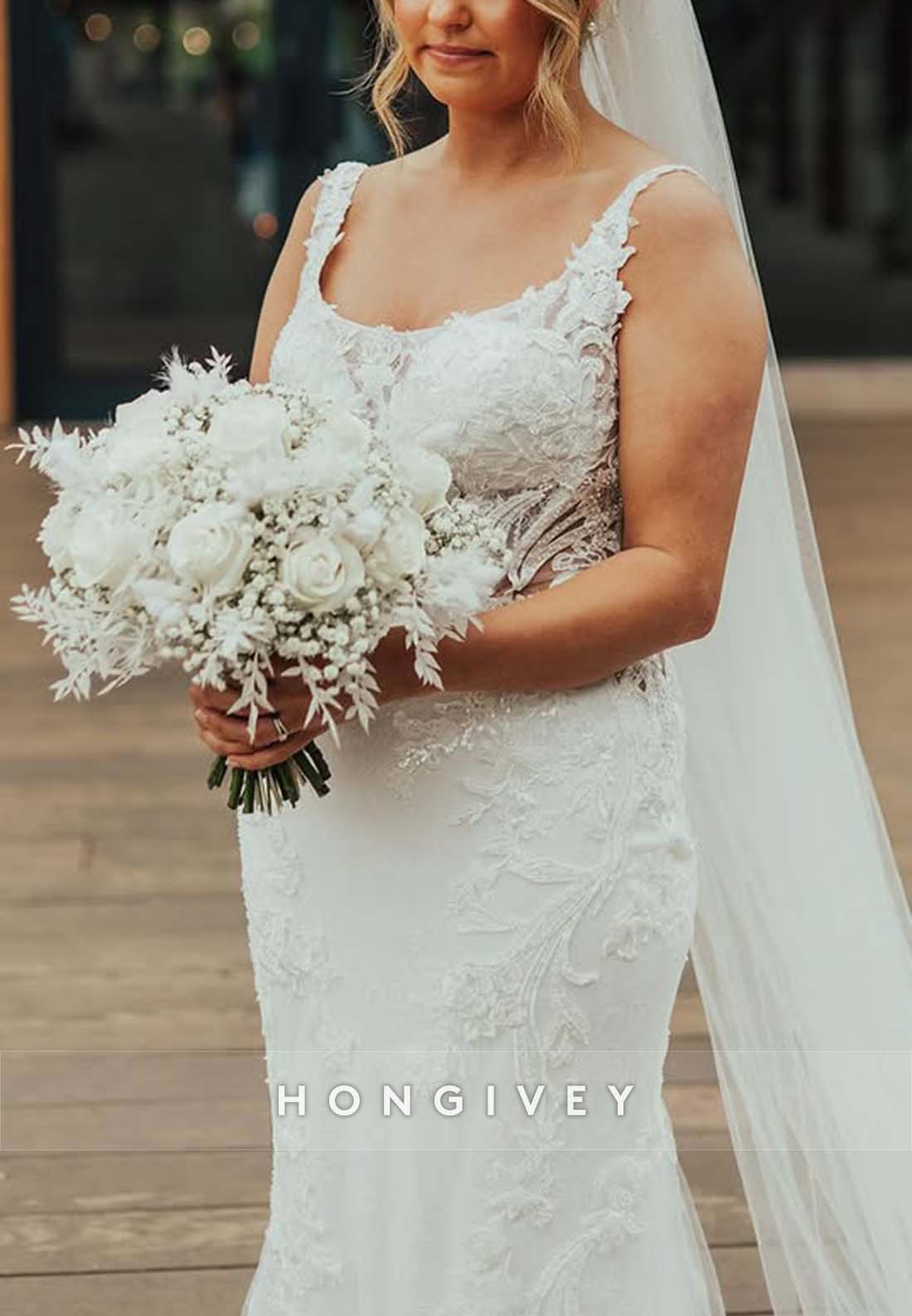 Lace Pleated Sheath Court Train Square Regular Straps Wedding Dresses