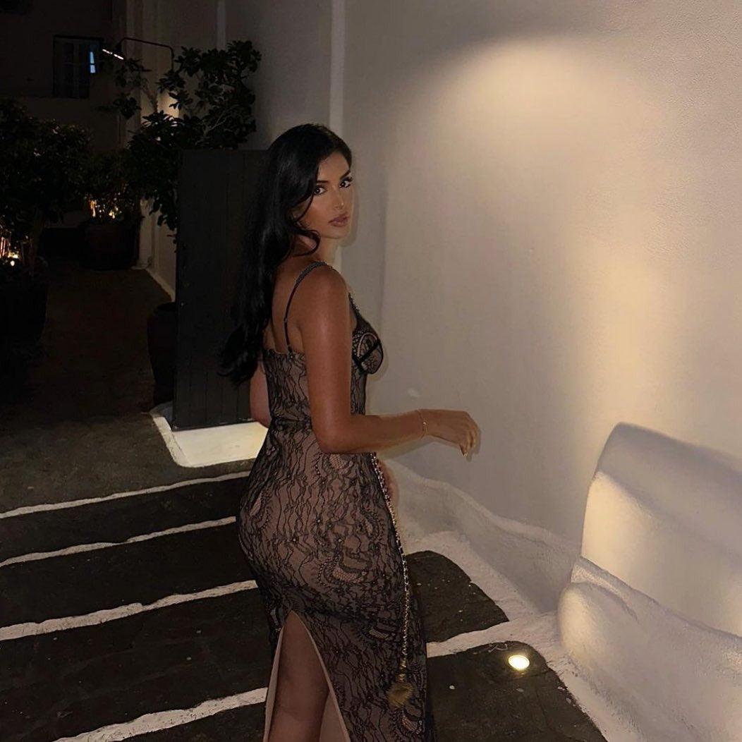 Sheer Lace Spaghetti Strap Chain Belt Bodycon Maxi Dress 6