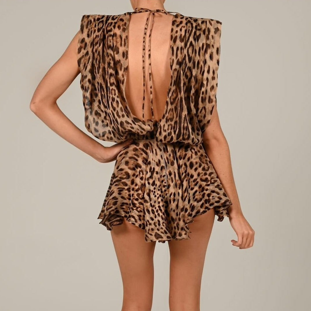 Leopard Print Plunge Padded-Shoulder Ruffle Mini Dress 11