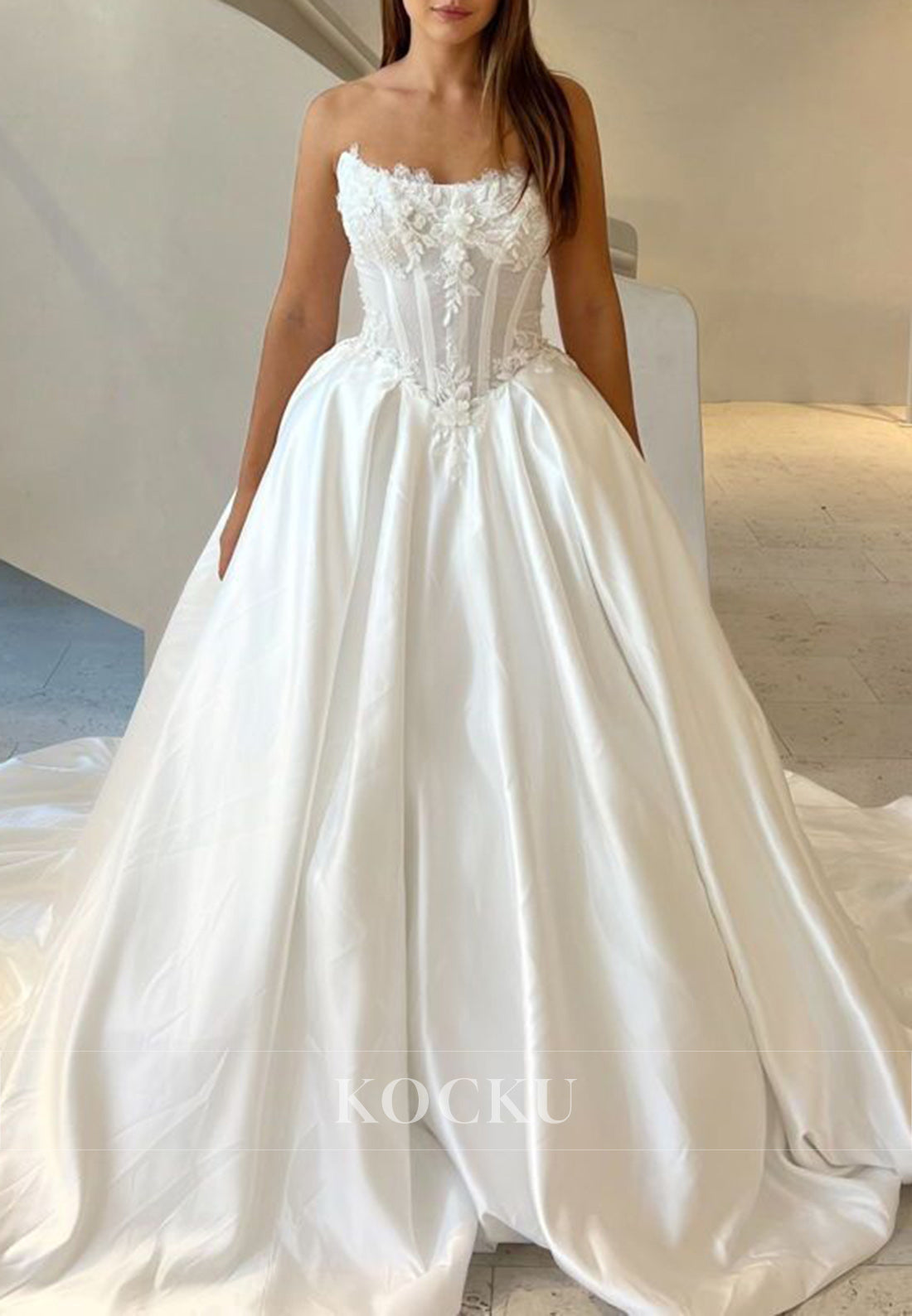 Romantic Strapless Ball Gown Wedding Dress with Lace Corset and Satin Skirt