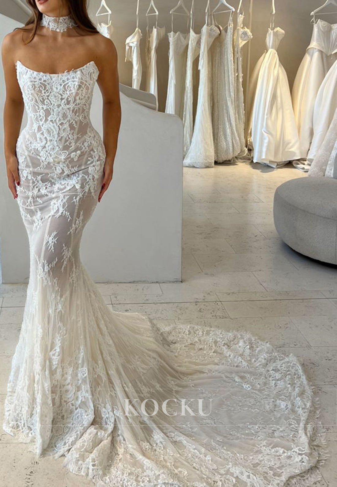 Strapless Sheer Lace Mermaid Wedding Dress with Choker Neckline