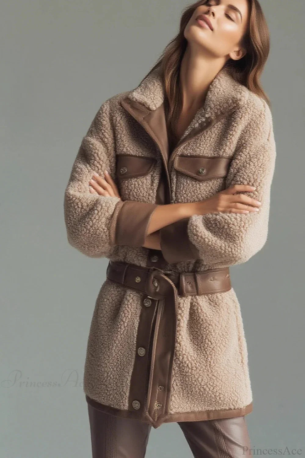 Thick Fleece PU Panel Pocket Belted Retro Coat 3