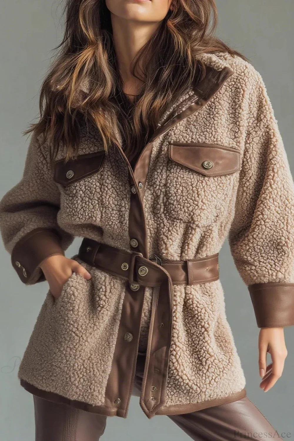 Thick Fleece PU Panel Pocket Belted Retro Coat 2