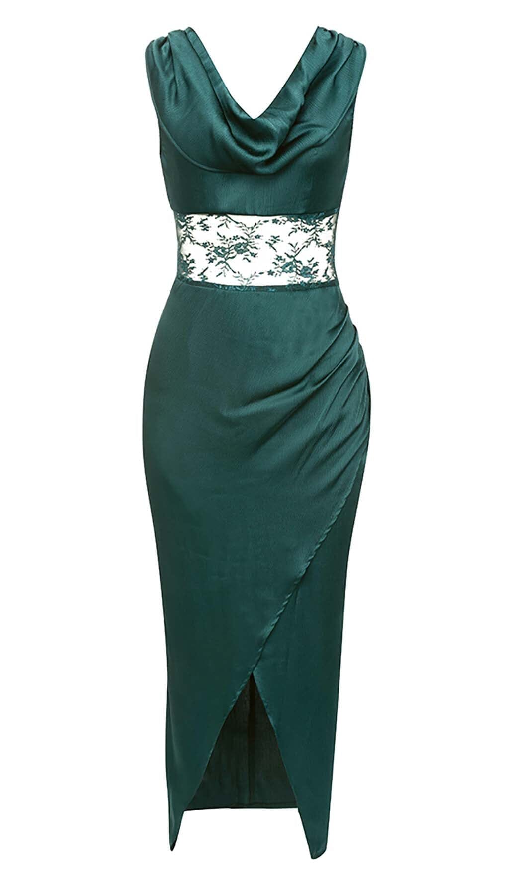 Satin Cowl Neck Lace Panel High-Slit Bodycon Midi Dress