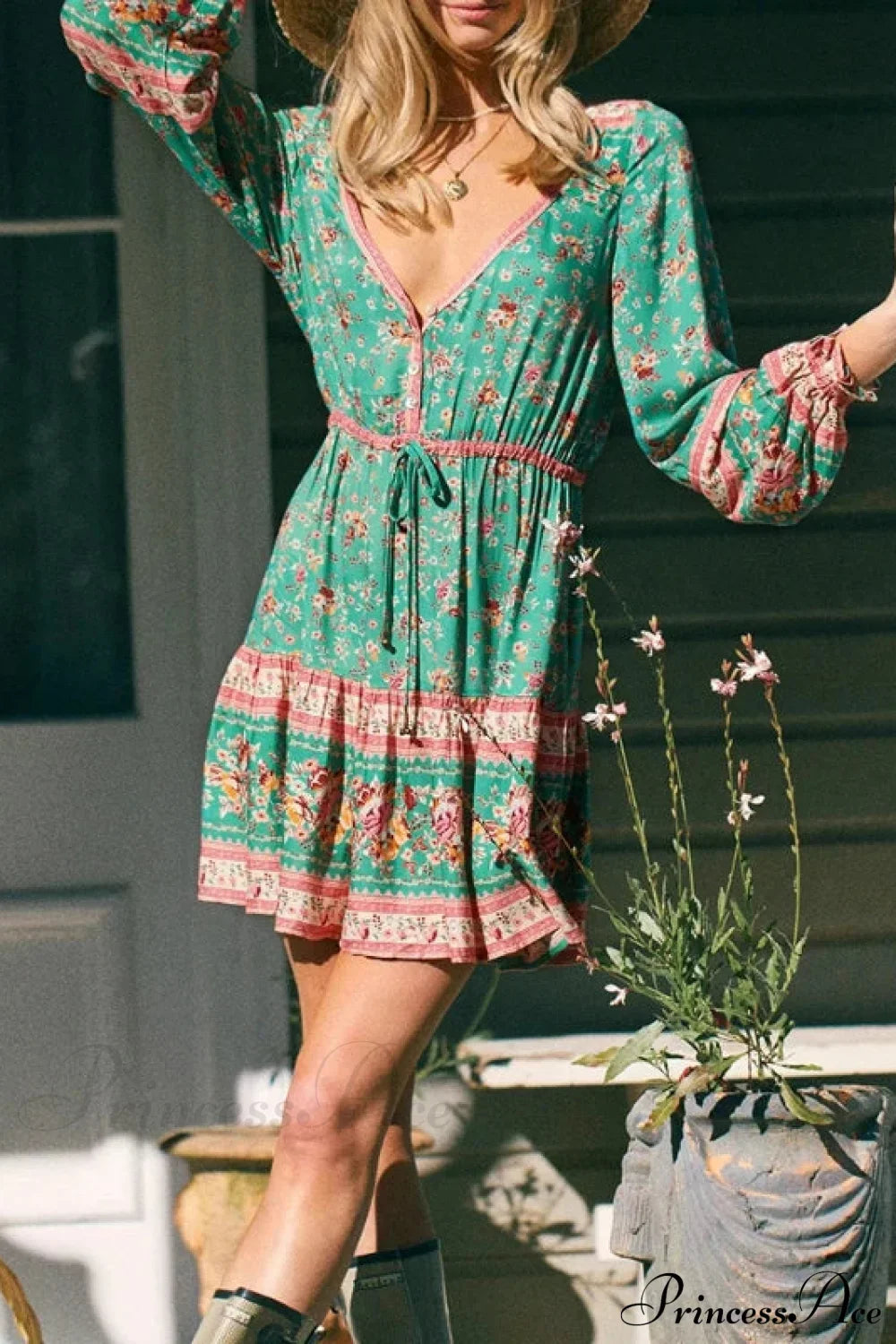 Tie Neck Floral Print Long Sleeve Ethnic Cotton Mini Boho Dress Green / S bohodress-250126