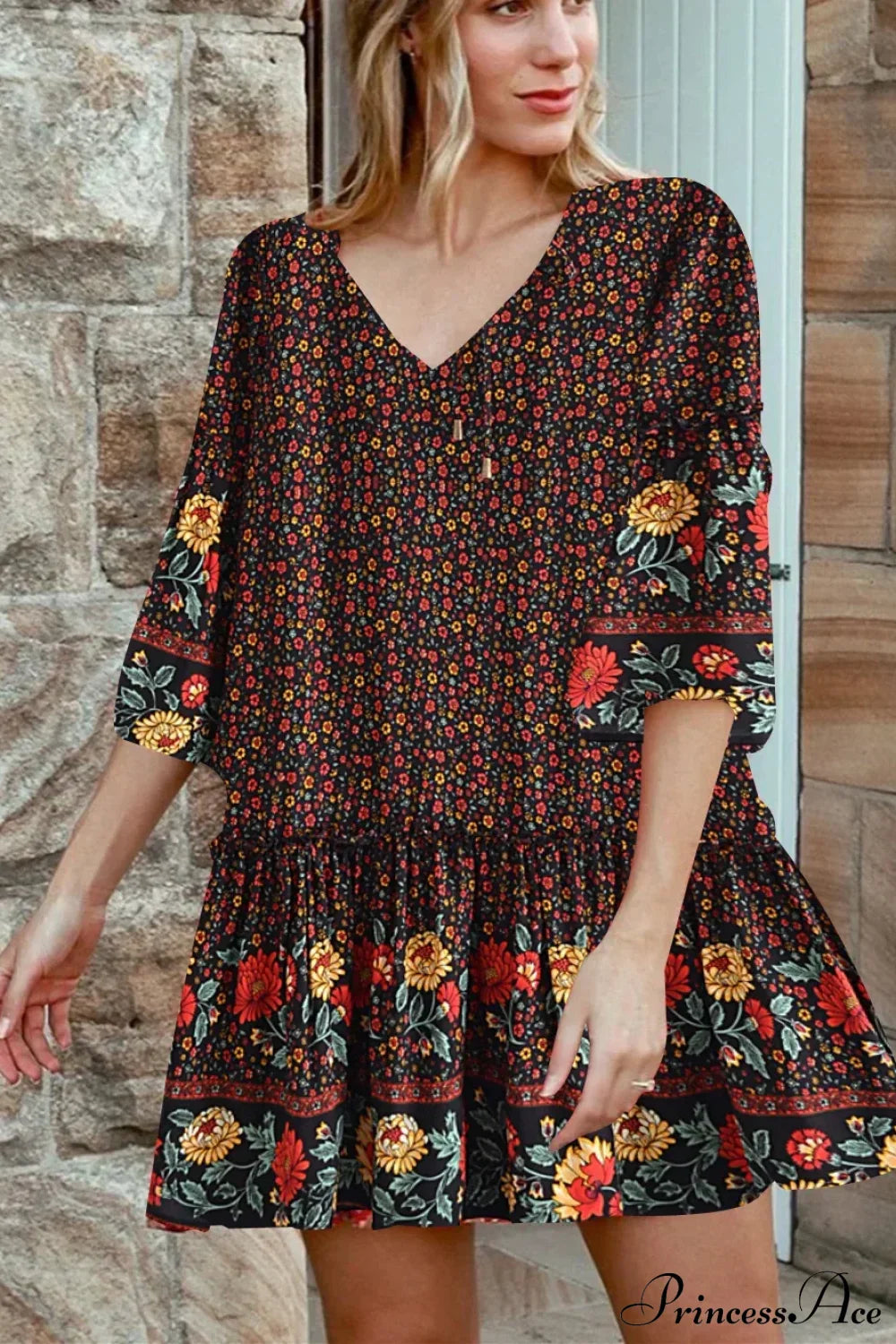Tie Neck Ruffles Floral Print Rayon Summer Mini Vacation Boho Dress Black / S bohodress-250126