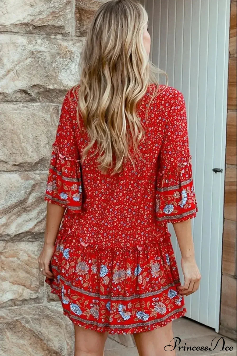 Tie Neck Ruffles Floral Print Rayon Summer Mini Vacation Boho Dress Red / S bohodress-250126