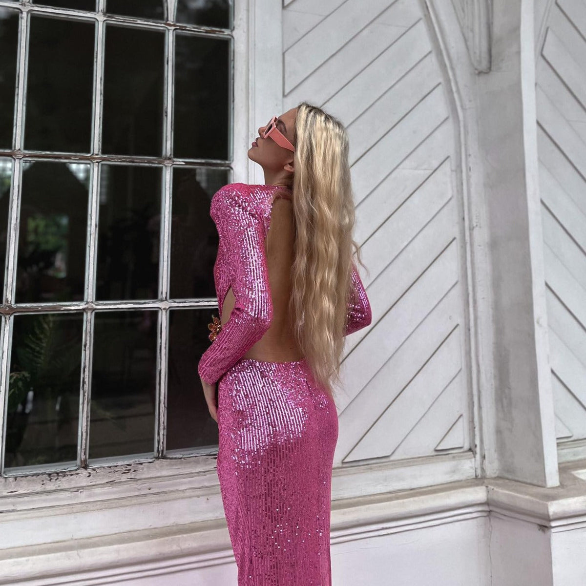 Sequin Long Sleeve Cut Out Bodycon Maxi Dress - View 4