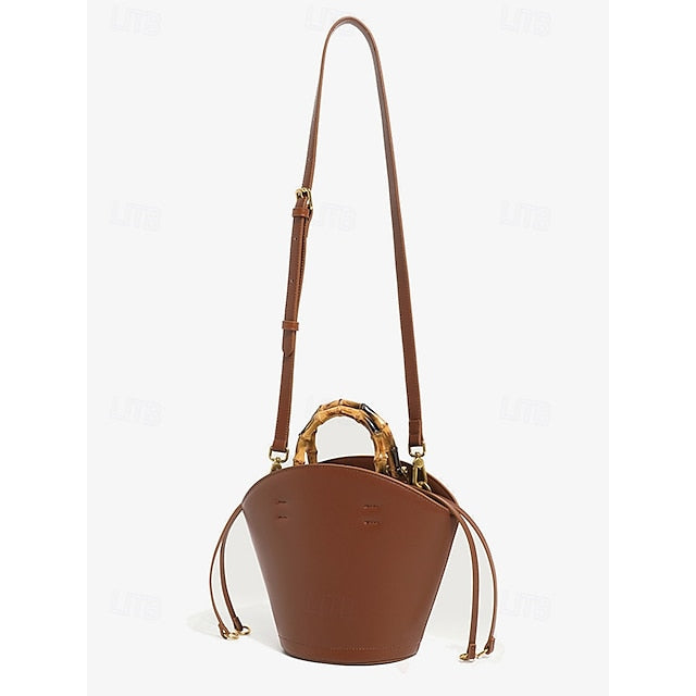 Bucket Bag Bamboo Handle Leather Brown with