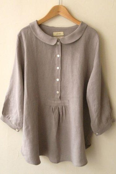 Peter Pan Collar Button Front Linen Look Blouse