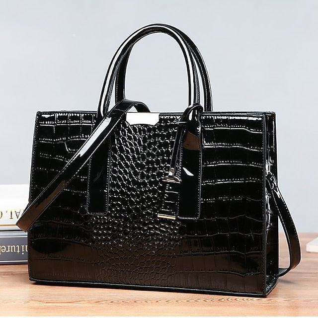 Black Crocodile Leather Pattern Handbag with Patent