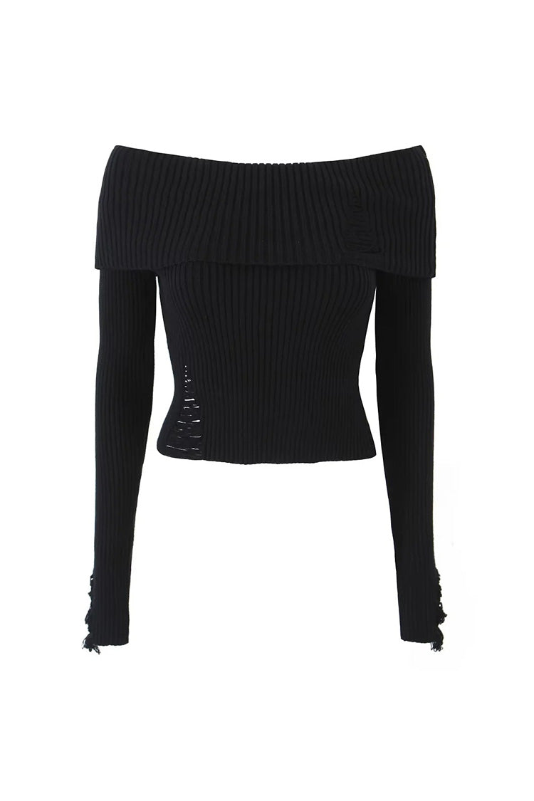 Chic Off Shoulder Distressed Crop Knit Sweater for Style