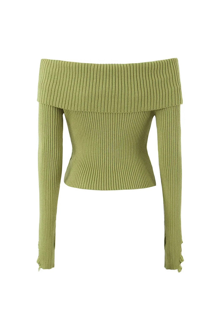 Chic Off Shoulder Distressed Crop Knit Sweater for Style