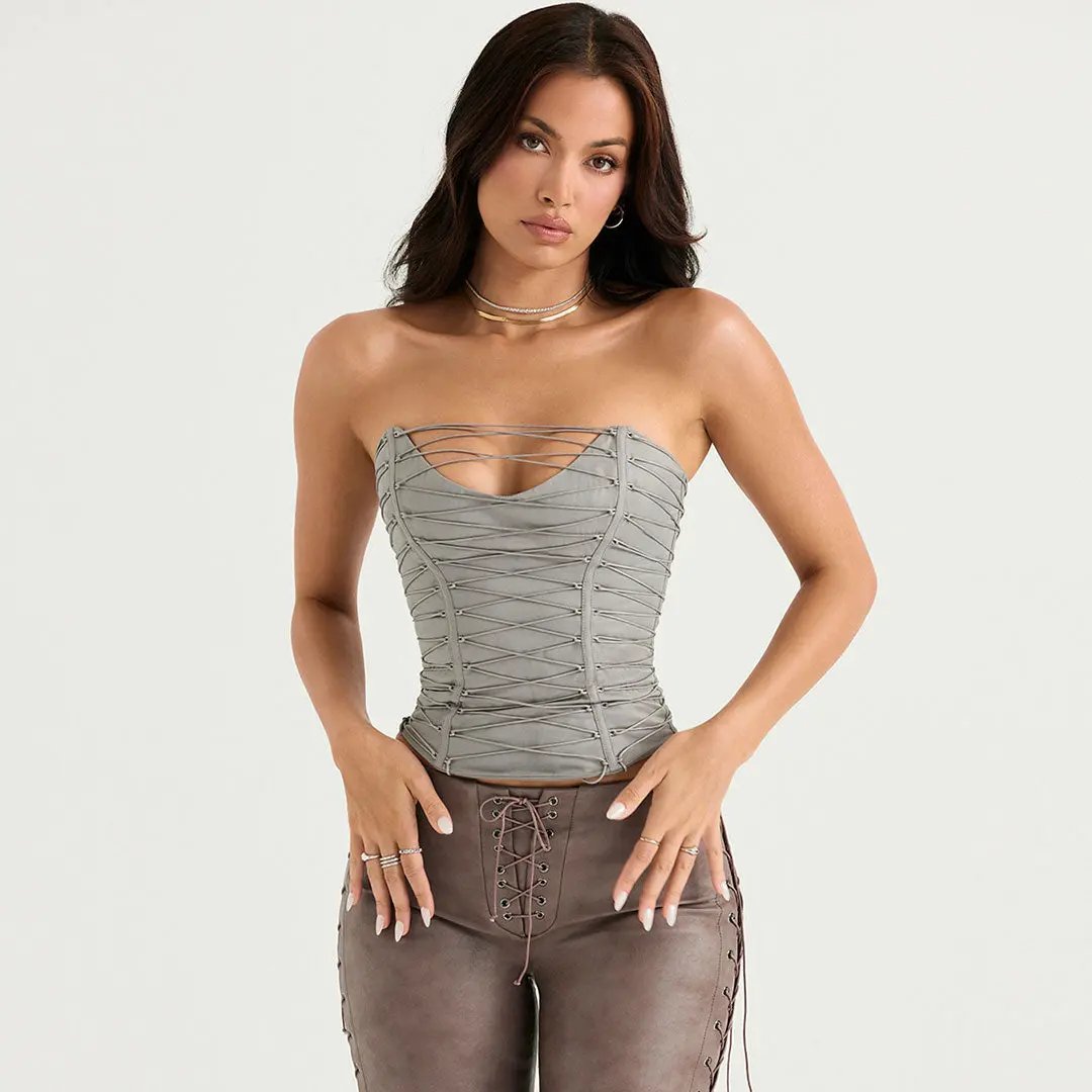 Trendy Lace Up Sweetheart Neck Sleeveless Tube Crop Top - Gray  Fashionpara