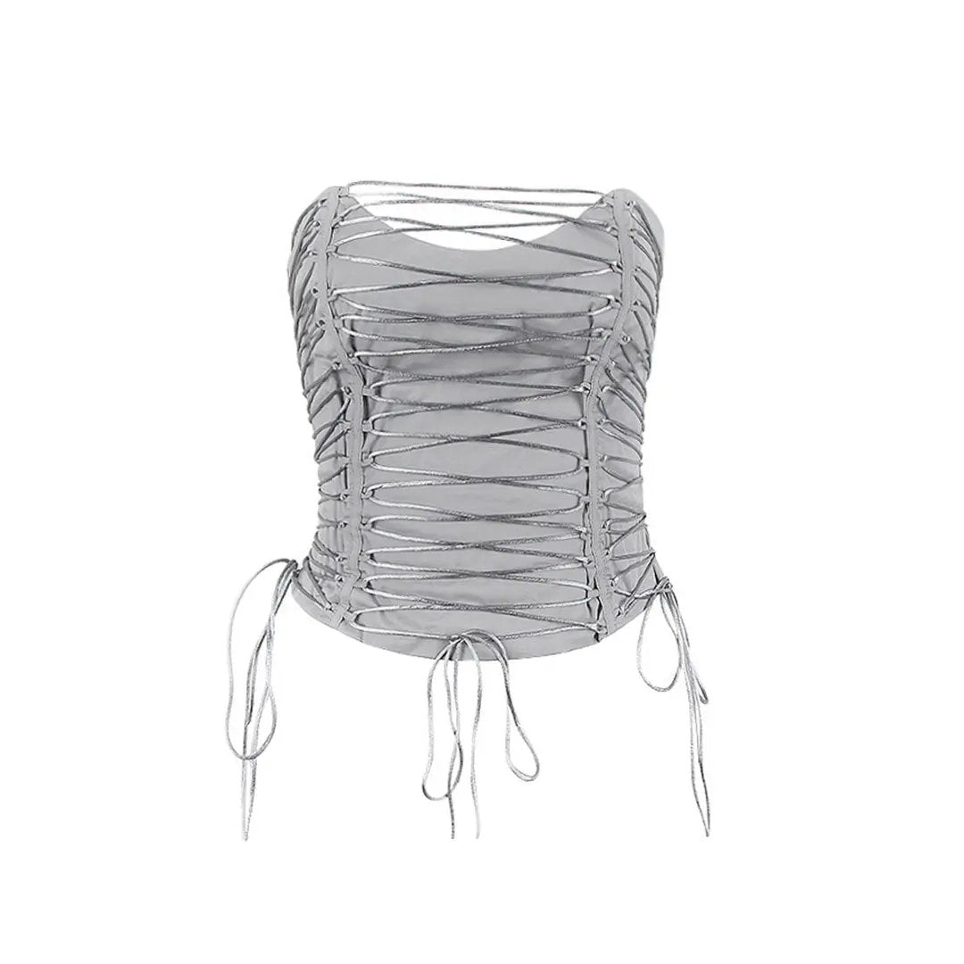 Trendy Lace Up Sweetheart Neck Sleeveless Tube Crop Top - Gray  Fashionpara