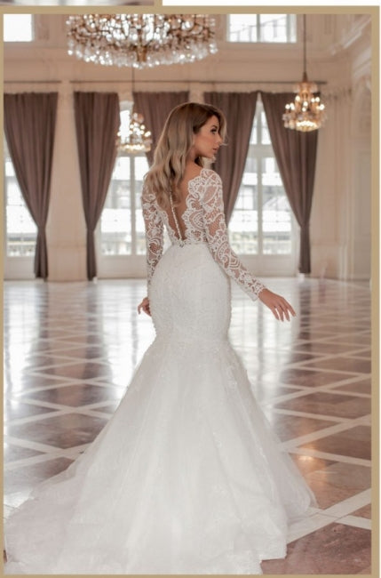 Contemporary Long Sleeves V-Neck Mermaid Bridal Dress with Chapel Train - Fashionpara