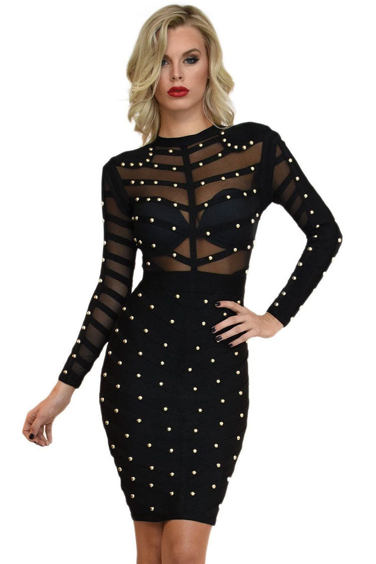 Trendy Studded Long Sleeve Mesh Bandage Cocktail Party Midi Dress - Black  Fashionpara