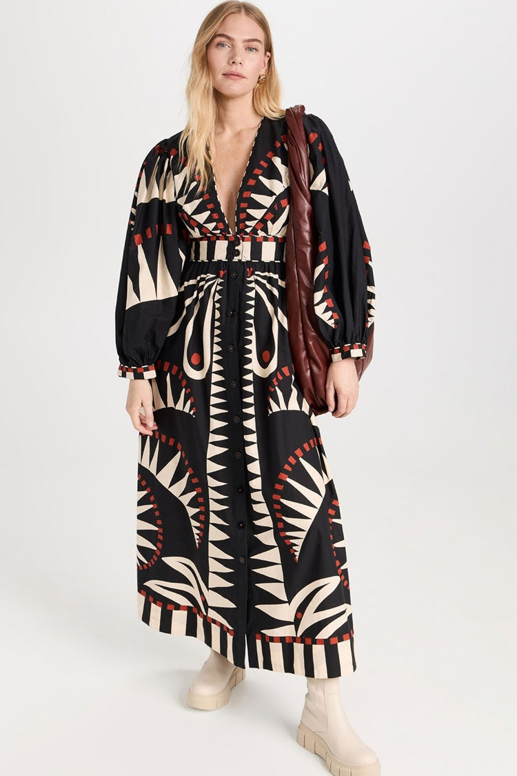Tribal Geometric Print Deep V Blouson Sleeve Button Up Vacation Maxi Dress