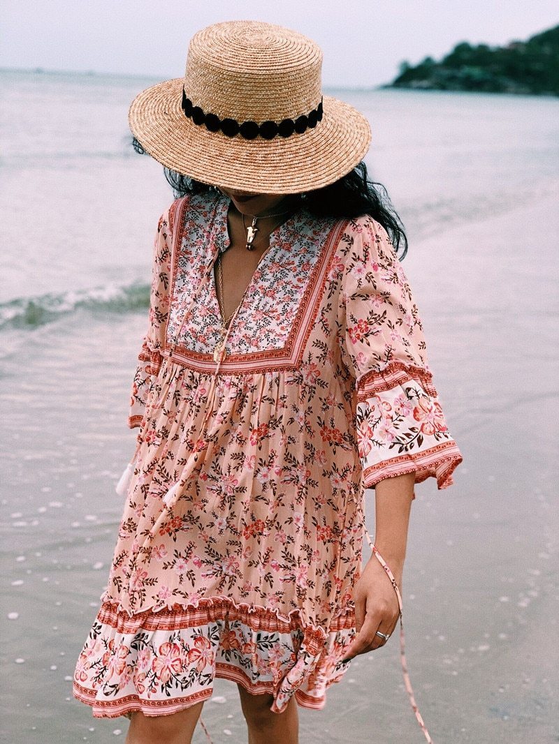 Boho Floral Print Flared Sleeve Ruffle Hem Mini Dress 10