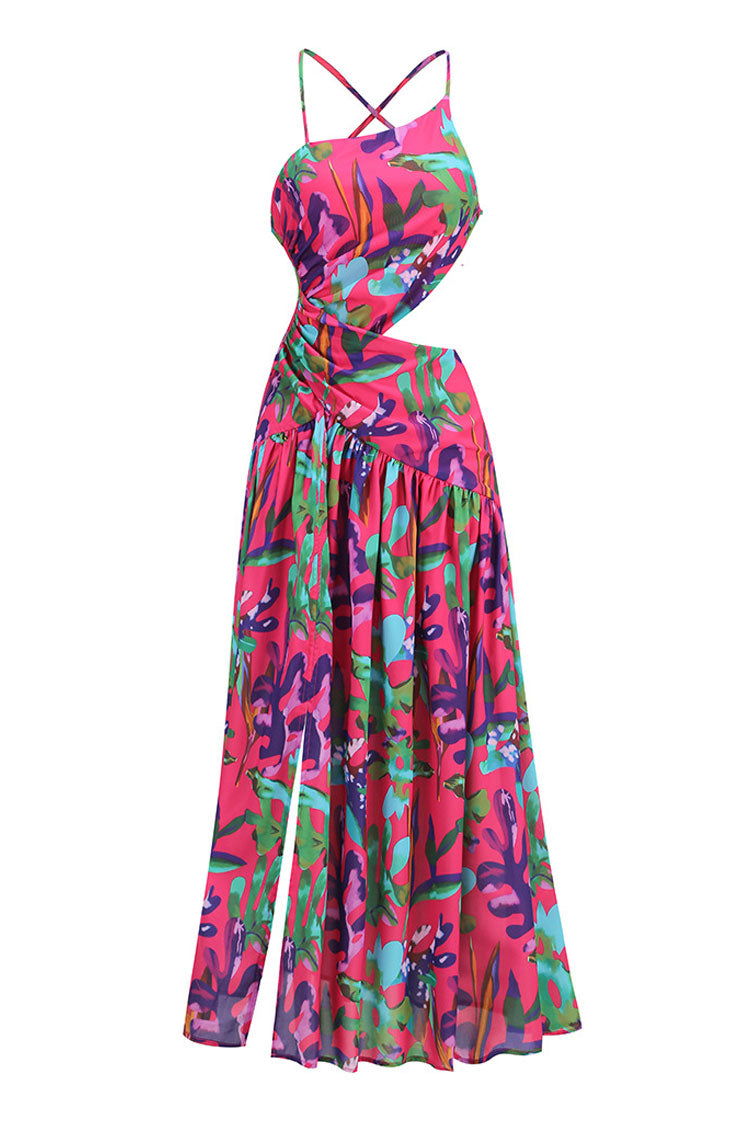 Tropical Print Cutout Backless Drop Waist Split Beach Vacation Midi Sundress - Fashionpara