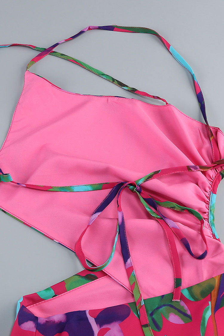 Tropical Print Cutout Backless Drop Waist Split Beach Vacation Midi Sundress - Fashionpara