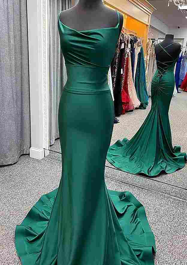 Trumpet/Mermaid Cowl Neck Spaghetti Straps Prom Dress/Evening Dress with Pleated Sweep Train Jersey - Fashionpara