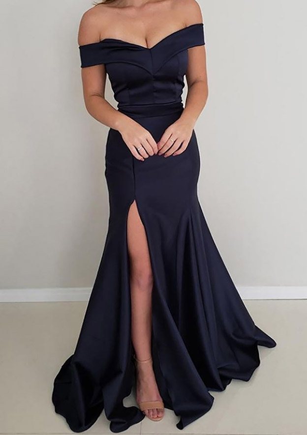 Trumpet/Mermaid Off-the-Shoulder Satin Long/Floor-Length Prom Dress/Evening Dress - Fashionpara
